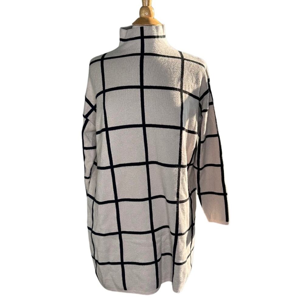 Checkered Beige Plaid Printed Oversized Sweater Dress Mini Dress Turtleneck